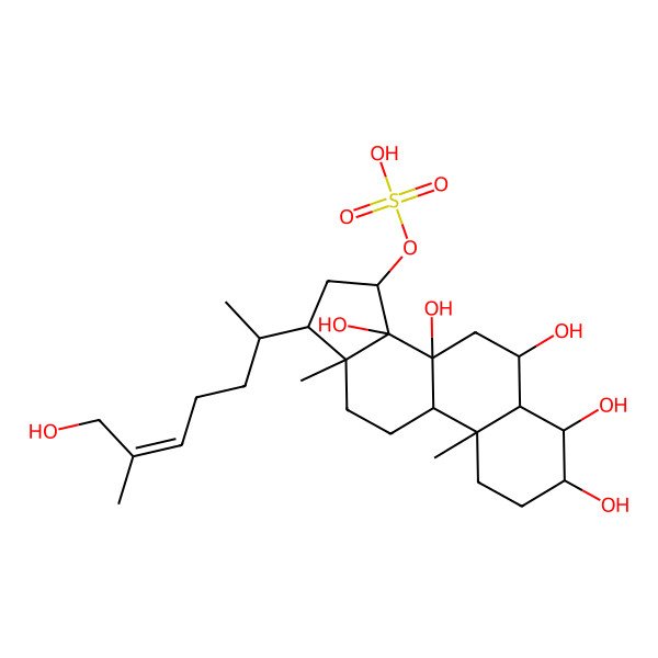 2D Structure of [(3S,4R,5S,6S,8S,9R,10S,13R,14R,15S,17R)-3,4,6,8,14-pentahydroxy-17-[(E,2R)-7-hydroxy-6-methylhept-5-en-2-yl]-10,13-dimethyl-2,3,4,5,6,7,9,11,12,15,16,17-dodecahydro-1H-cyclopenta[a]phenanthren-15-yl] hydrogen sulfate