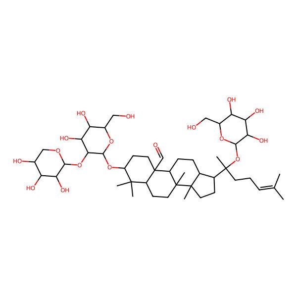 2D Structure of (3S,5S,8R,9S,10S,13R,14R,17S)-3-[(2R,3R,4S,5S,6R)-4,5-dihydroxy-6-(hydroxymethyl)-3-[(2S,3R,4S,5S)-3,4,5-trihydroxyoxan-2-yl]oxyoxan-2-yl]oxy-4,4,8,14-tetramethyl-17-[(2S)-6-methyl-2-[(2S,3R,4S,5S,6R)-3,4,5-trihydroxy-6-(hydroxymethyl)oxan-2-yl]oxyhept-5-en-2-yl]-2,3,5,6,7,9,11,12,13,15,16,17-dodecahydro-1H-cyclopenta[a]phenanthrene-10-carbaldehyde