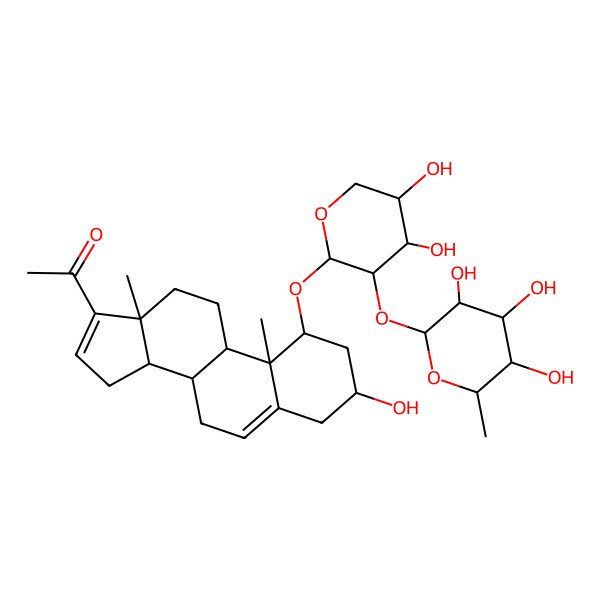 2D Structure of 1-[(1R,3R,8S,9S,10R,13S,14S)-1-[(2S,3R,4S,5S)-4,5-dihydroxy-3-[(2S,3R,4R,5R,6S)-3,4,5-trihydroxy-6-methyloxan-2-yl]oxyoxan-2-yl]oxy-3-hydroxy-10,13-dimethyl-2,3,4,7,8,9,11,12,14,15-decahydro-1H-cyclopenta[a]phenanthren-17-yl]ethanone