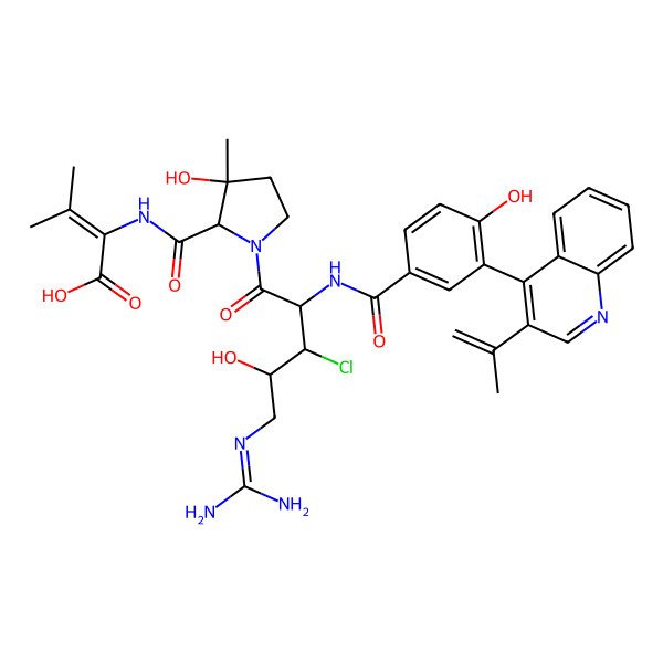 2D Structure of 2-[[1-[3-Chloro-5-(diaminomethylideneamino)-4-hydroxy-2-[[4-hydroxy-3-(3-prop-1-en-2-ylquinolin-4-yl)benzoyl]amino]pentanoyl]-3-hydroxy-3-methylpyrrolidine-2-carbonyl]amino]-3-methylbut-2-enoic acid