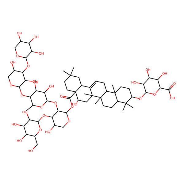 2D Structure of (2S,3S,4S,5R,6R)-6-[[(3S,4aR,6aR,6bS,8R,8aR,12aS,14aR,14bR)-8a-[(2R,3S,4R,5S)-3-[(2S,3R,4S,5R,6S)-5-[(2S,3R,4S,5R)-3,5-dihydroxy-4-[(2S,3R,4S,5R)-3,4,5-trihydroxyoxan-2-yl]oxyoxan-2-yl]oxy-3,4-dihydroxy-6-methyloxan-2-yl]oxy-5-hydroxy-4-[(2S,3R,4S,5S)-3,4,5-trihydroxy-6-(hydroxymethyl)oxan-2-yl]oxyoxan-2-yl]oxycarbonyl-8-hydroxy-4,4,6a,6b,11,11,14b-heptamethyl-1,2,3,4a,5,6,7,8,9,10,12,12a,14,14a-tetradecahydropicen-3-yl]oxy]-3,4,5-trihydroxyoxane-2-carboxylic acid