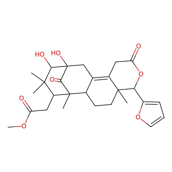 2D Structure of methyl 2-[(1R,2S,5R,6R,13R,14S,16S)-6-(furan-2-yl)-13,14-dihydroxy-1,5,15,15-tetramethyl-8,17-dioxo-7-oxatetracyclo[11.3.1.02,11.05,10]heptadec-10-en-16-yl]acetate