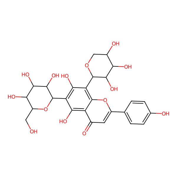 2D Structure of 5,7-dihydroxy-2-(4-hydroxyphenyl)-6-[(2R,3R,4R,5S,6R)-3,4,5-trihydroxy-6-(hydroxymethyl)oxan-2-yl]-8-[(2R,3R,4S,5S)-3,4,5-trihydroxyoxan-2-yl]chromen-4-one