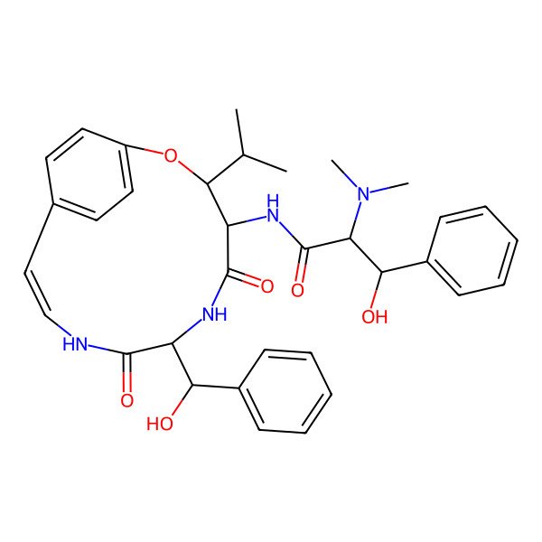 2D Structure of (2S,3R)-2-(dimethylamino)-3-hydroxy-N-[(3R,4R,7R,10Z)-7-[(R)-hydroxy(phenyl)methyl]-5,8-dioxo-3-propan-2-yl-2-oxa-6,9-diazabicyclo[10.2.2]hexadeca-1(14),10,12,15-tetraen-4-yl]-3-phenylpropanamide