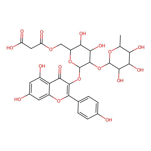 2D Structure of 3-[[(2R,3S,4S,5R,6S)-6-[5,7-dihydroxy-2-(4-hydroxyphenyl)-4-oxochromen-3-yl]oxy-3,4-dihydroxy-5-[(2S,3S,4R,5R,6R)-3,4,5-trihydroxy-6-methyloxan-2-yl]oxyoxan-2-yl]methoxy]-3-oxopropanoic acid