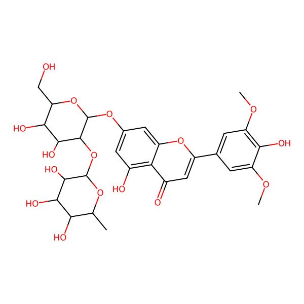 2D Structure of 7-[(2S,3R,4S,5S,6S)-4,5-dihydroxy-6-(hydroxymethyl)-3-[(2S,3R,4S,5R,6S)-3,4,5-trihydroxy-6-methyloxan-2-yl]oxyoxan-2-yl]oxy-5-hydroxy-2-(4-hydroxy-3,5-dimethoxyphenyl)chromen-4-one