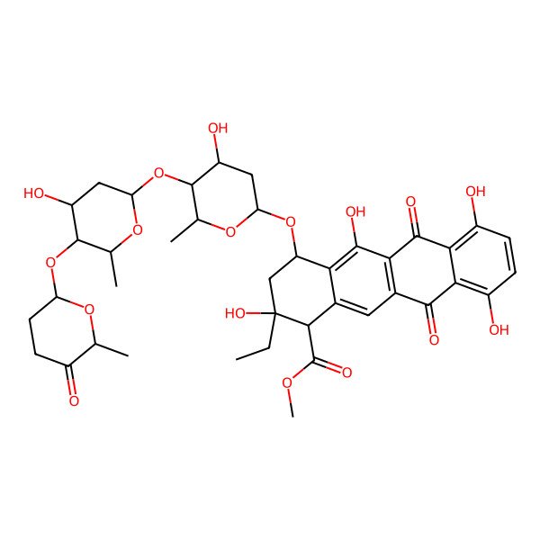 2D Structure of methyl (1R,2R,4S)-2-ethyl-2,5,7,10-tetrahydroxy-4-[(2R,4S,5S,6S)-4-hydroxy-5-[(2S,4S,5S,6S)-4-hydroxy-6-methyl-5-[(2R,6S)-6-methyl-5-oxooxan-2-yl]oxyoxan-2-yl]oxy-6-methyloxan-2-yl]oxy-6,11-dioxo-3,4-dihydro-1H-tetracene-1-carboxylate