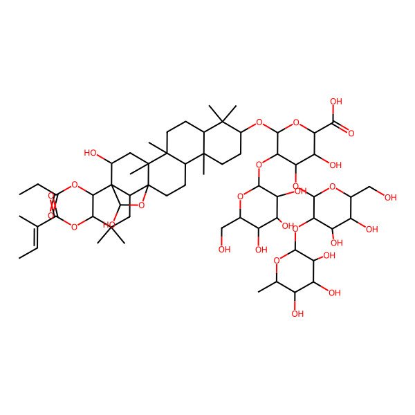 2D Structure of (2S,3S,4S,5R,6R)-6-[[(1R,2R,4S,5R,8R,10S,13R,14R,17S,18R,21R,22R,23S)-2,23-dihydroxy-4,5,9,9,13,20,20-heptamethyl-21-[(Z)-2-methylbut-2-enoyl]oxy-22-propanoyloxy-24-oxahexacyclo[15.5.2.01,18.04,17.05,14.08,13]tetracosan-10-yl]oxy]-4-[(2S,3R,4S,5R,6R)-4,5-dihydroxy-6-(hydroxymethyl)-3-[(2S,3R,4R,5R,6S)-3,4,5-trihydroxy-6-methyloxan-2-yl]oxyoxan-2-yl]oxy-3-hydroxy-5-[(2S,3R,4S,5R,6R)-3,4,5-trihydroxy-6-(hydroxymethyl)oxan-2-yl]oxyoxane-2-carboxylic acid