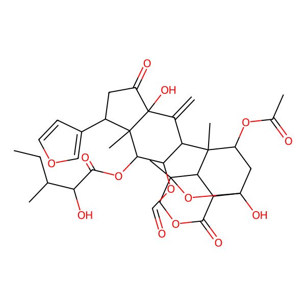 2D Structure of [6-(10-acetyloxy-1-hydroxy-3,9-dimethyl-6-oxo-2,5-dioxatricyclo[5.4.0.03,8]undecan-9-yl)-5-formyloxy-3-(furan-3-yl)-7a-hydroxy-3a-methyl-7-methylidene-1-oxo-3,4,5,6-tetrahydro-2H-inden-4-yl] 2-hydroxy-3-methylpentanoate