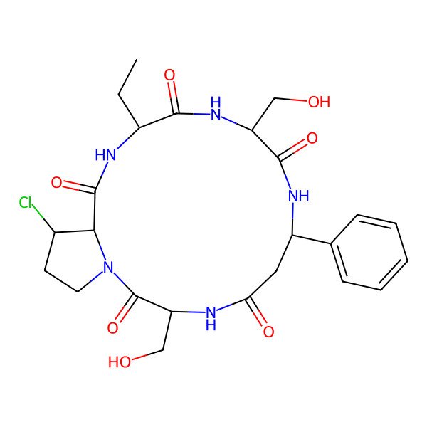 2D Structure of 17-Chloro-13-ethyl-3,10-bis(hydroxymethyl)-7-phenyl-1,4,8,11,14-pentazabicyclo[14.3.0]nonadecane-2,5,9,12,15-pentone