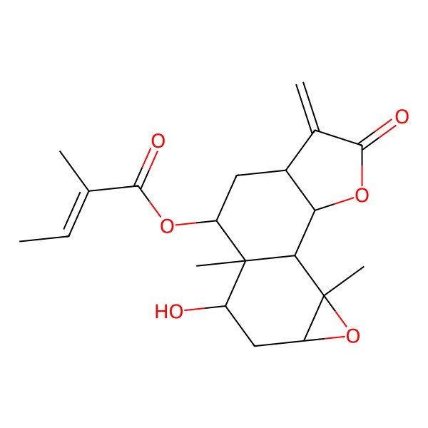 2D Structure of (10-Hydroxy-9,14-dimethyl-5-methylidene-4-oxo-3,13-dioxatetracyclo[7.5.0.02,6.012,14]tetradecan-8-yl) 2-methylbut-2-enoate