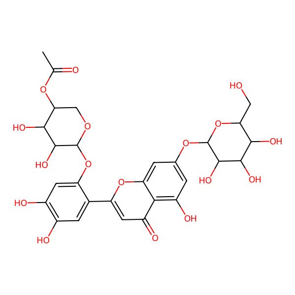 2D Structure of [(3S,4R,5S,6S)-6-[4,5-dihydroxy-2-[5-hydroxy-4-oxo-7-[(2S,3R,4S,5S,6R)-3,4,5-trihydroxy-6-(hydroxymethyl)oxan-2-yl]oxychromen-2-yl]phenoxy]-4,5-dihydroxyoxan-3-yl] acetate