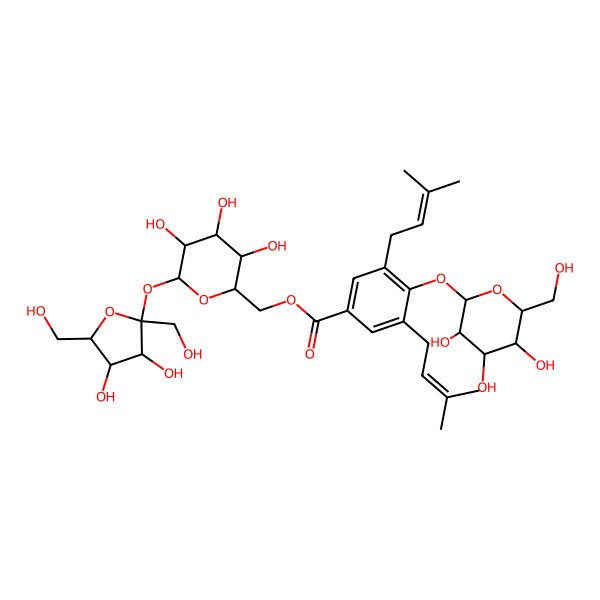 2D Structure of [(2R,3S,4S,5R,6R)-6-[(2S,3S,4S,5R)-3,4-dihydroxy-2,5-bis(hydroxymethyl)oxolan-2-yl]oxy-3,4,5-trihydroxyoxan-2-yl]methyl 3,5-bis(3-methylbut-2-enyl)-4-[(2S,3R,4S,5S,6R)-3,4,5-trihydroxy-6-(hydroxymethyl)oxan-2-yl]oxybenzoate