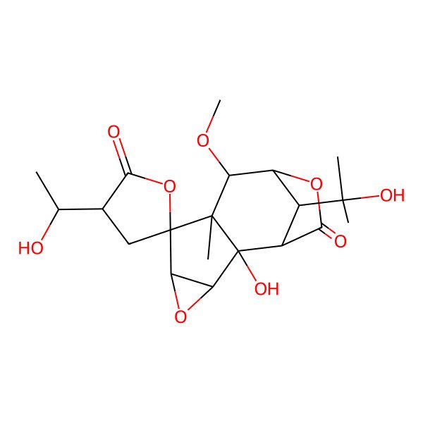 2D Structure of (1S,2R,3S,3'S,5R,6S,7R,8S,9R,12S)-2-hydroxy-3'-[(1R)-1-hydroxyethyl]-12-(2-hydroxypropan-2-yl)-8-methoxy-7-methylspiro[4,10-dioxatetracyclo[7.2.1.02,7.03,5]dodecane-6,5'-oxolane]-2',11-dione