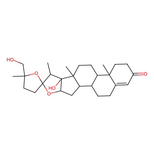 2D Structure of 8-Hydroxy-5'-(hydroxymethyl)-5',7,9,13-tetramethylspiro[5-oxapentacyclo[10.8.0.02,9.04,8.013,18]icos-17-ene-6,2'-oxolane]-16-one