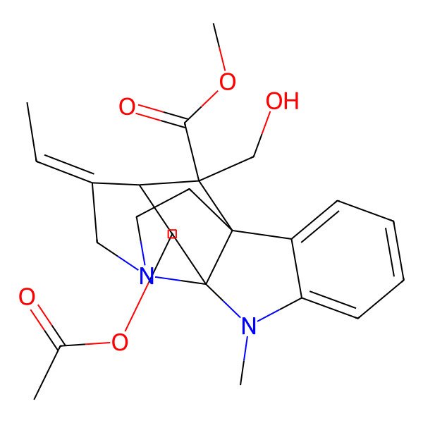 2D Structure of methyl (1S,9S,10R,12S,13E,18R)-10-acetyloxy-13-ethylidene-18-(hydroxymethyl)-8-methyl-8,15-diazapentacyclo[10.5.1.01,9.02,7.09,15]octadeca-2,4,6-triene-18-carboxylate
