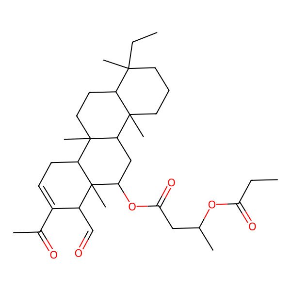2D Structure of (8-Acetyl-1-ethyl-7-formyl-1,4a,6a,10b-tetramethyl-2,3,4,4b,5,6,7,10,10a,11,12,12a-dodecahydrochrysen-6-yl) 3-propanoyloxybutanoate