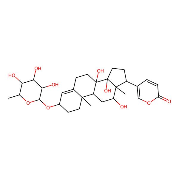 2D Structure of 5-[(3S,8S,9S,10R,12R,13S,14R,17R)-8,12,14-trihydroxy-10,13-dimethyl-3-[(2R,3R,4R,5R,6S)-3,4,5-trihydroxy-6-methyloxan-2-yl]oxy-2,3,6,7,9,11,12,15,16,17-decahydro-1H-cyclopenta[a]phenanthren-17-yl]pyran-2-one