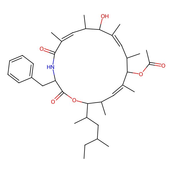 2D Structure of [3-Benzyl-9-hydroxy-6,8,10,12,14,16-hexamethyl-17-(4-methylhexan-2-yl)-2,5-dioxo-1-oxa-4-azacycloheptadeca-6,10,14-trien-13-yl] acetate