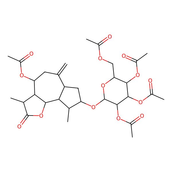 2D Structure of [(2R,3R,4S,5R,6R)-6-[[(3S,3aR,4S,6aR,8S,9S,9aR,9bR)-4-acetyloxy-3,9-dimethyl-6-methylidene-2-oxo-3,3a,4,5,6a,7,8,9,9a,9b-decahydroazuleno[4,5-b]furan-8-yl]oxy]-3,4,5-triacetyloxyoxan-2-yl]methyl acetate