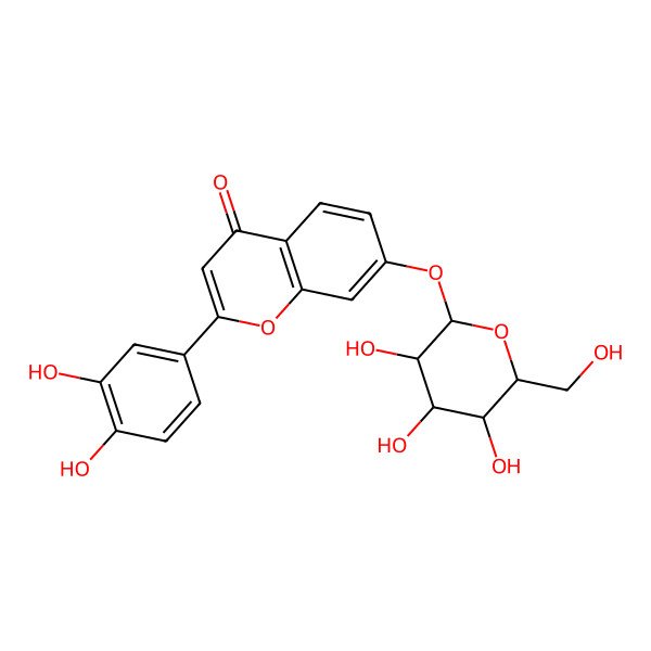 2D Structure of 2-(3,4-dihydroxyphenyl)-7-[(2S,3R,4S,5S,6S)-3,4,5-trihydroxy-6-(hydroxymethyl)oxan-2-yl]oxychromen-4-one