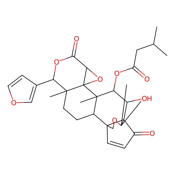 2D Structure of [(1R,2S,5S,6S,9S,11R,12S,13S,14R)-6-(furan-3-yl)-14-hydroxy-5,12,16,16-tetramethyl-8,21-dioxo-7,10,17-trioxahexacyclo[13.3.3.01,15.02,12.05,11.09,11]henicos-19-en-13-yl] 3-methylbutanoate