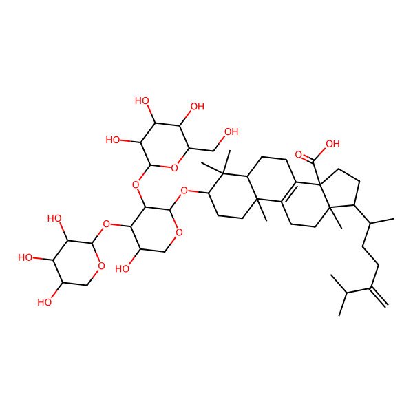 2D Structure of (3S,5R,10S,13R,14S,17R)-3-[(2S,3R,4S,5S)-5-hydroxy-3-[(2S,3R,4S,5R,6R)-3,4,5-trihydroxy-6-(hydroxymethyl)oxan-2-yl]oxy-4-[(2S,3R,4S,5S)-3,4,5-trihydroxyoxan-2-yl]oxyoxan-2-yl]oxy-4,4,10,13-tetramethyl-17-[(2R)-6-methyl-5-methylideneheptan-2-yl]-2,3,5,6,7,11,12,15,16,17-decahydro-1H-cyclopenta[a]phenanthrene-14-carboxylic acid