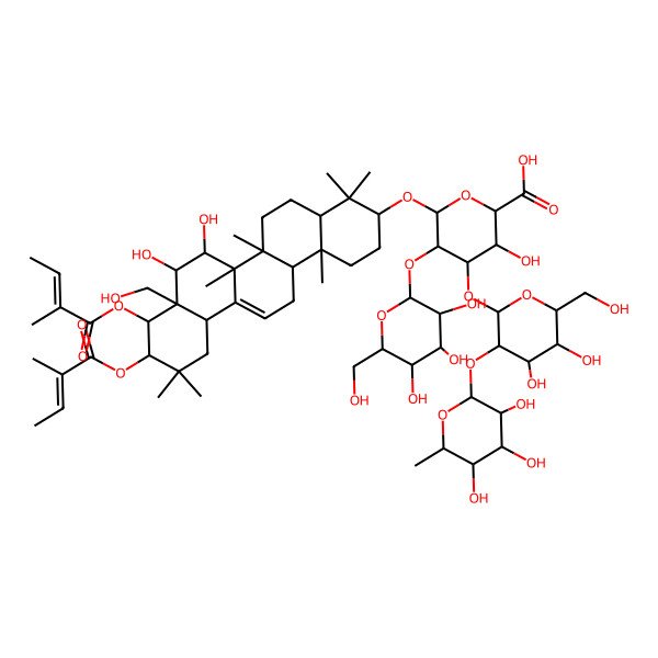 2D Structure of 6-[[7,8-Dihydroxy-8a-(hydroxymethyl)-4,4,6a,6b,11,11,14b-heptamethyl-9,10-bis(2-methylbut-2-enoyloxy)-1,2,3,4a,5,6,7,8,9,10,12,12a,14,14a-tetradecahydropicen-3-yl]oxy]-4-[4,5-dihydroxy-6-(hydroxymethyl)-3-(3,4,5-trihydroxy-6-methyloxan-2-yl)oxyoxan-2-yl]oxy-3-hydroxy-5-[3,4,5-trihydroxy-6-(hydroxymethyl)oxan-2-yl]oxyoxane-2-carboxylic acid