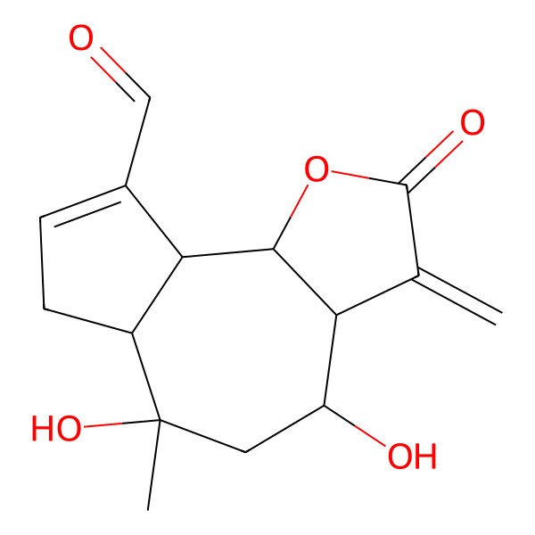 2D Structure of (3aR,4S,6R,6aR,9aR,9bR)-4,6-dihydroxy-6-methyl-3-methylidene-2-oxo-4,5,6a,7,9a,9b-hexahydro-3aH-azuleno[8,7-b]furan-9-carbaldehyde