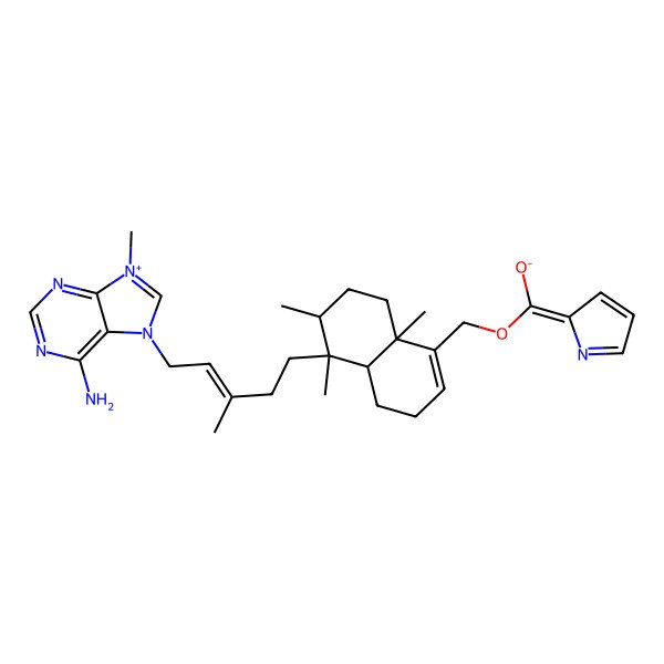 2D Structure of [(4aS,5R,6S,8aR)-5-[5-(6-amino-9-methylpurin-9-ium-7-yl)-3-methylpent-3-enyl]-5,6,8a-trimethyl-3,4,4a,6,7,8-hexahydronaphthalen-1-yl]methoxy-pyrrol-2-ylidenemethanolate