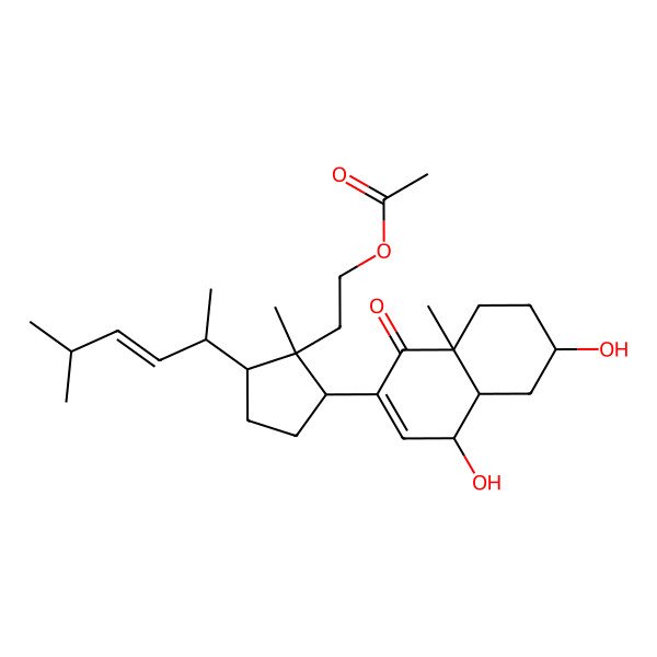 2D Structure of 2-[(1S,2R,5R)-2-[(4S,4aS,6S,8aS)-4,6-dihydroxy-8a-methyl-1-oxo-4,4a,5,6,7,8-hexahydronaphthalen-2-yl]-1-methyl-5-[(E,2R)-5-methylhex-3-en-2-yl]cyclopentyl]ethyl acetate