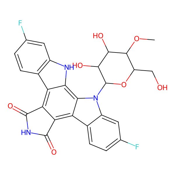 2D Structure of 3-[3,4-Dihydroxy-6-(hydroxymethyl)-5-methoxyoxan-2-yl]-6,20-difluoro-3,13,23-triazahexacyclo[14.7.0.02,10.04,9.011,15.017,22]tricosa-1,4(9),5,7,10,15,17(22),18,20-nonaene-12,14-dione