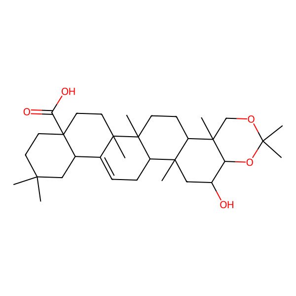 2D Structure of 4-Hydroxy-2,7,7,10,14,15,21,21-octamethyl-6,8-dioxahexacyclo[12.12.0.02,11.05,10.015,24.018,23]hexacos-24-ene-18-carboxylic acid