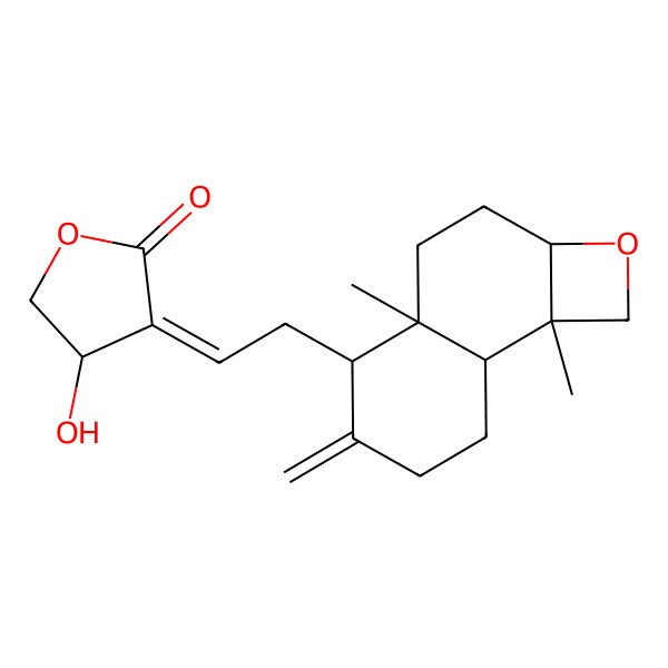 2D Structure of (3E,4S)-3-[2-[(2aR,4aS,5R,8aS,8bR)-4a,8b-dimethyl-6-methylidene-1,2a,3,4,5,7,8,8a-octahydronaphtho[2,1-b]oxet-5-yl]ethylidene]-4-hydroxyoxolan-2-one