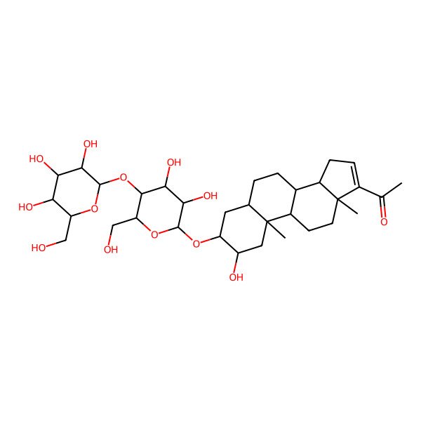 2D Structure of 1-[(2R,3R,5S,8R,9S,10S,13S,14S)-3-[(2R,3R,4R,5R,6R)-3,4-dihydroxy-6-(hydroxymethyl)-5-[(2S,3R,4S,5S,6R)-3,4,5-trihydroxy-6-(hydroxymethyl)oxan-2-yl]oxyoxan-2-yl]oxy-2-hydroxy-10,13-dimethyl-2,3,4,5,6,7,8,9,11,12,14,15-dodecahydro-1H-cyclopenta[a]phenanthren-17-yl]ethanone