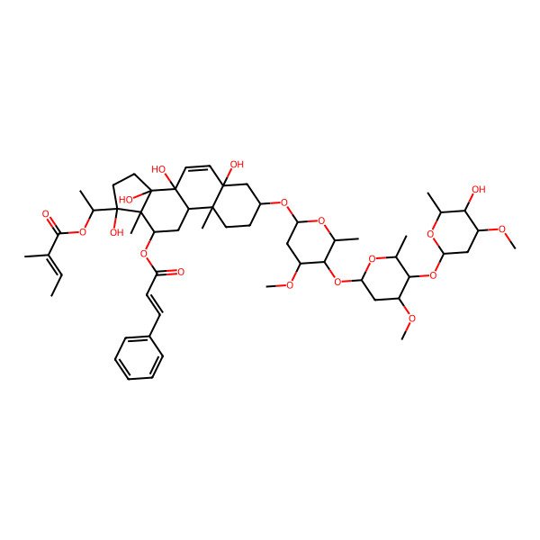 2D Structure of 1-[(3S,5S,8S,9R,10R,13R,14R,17S)-5,8,14,17-tetrahydroxy-3-[(2R,4S,5R,6R)-5-[(2S,4S,5R,6R)-5-[(2S,4R,5R,6R)-5-hydroxy-4-methoxy-6-methyloxan-2-yl]oxy-4-methoxy-6-methyloxan-2-yl]oxy-4-methoxy-6-methyloxan-2-yl]oxy-10,13-dimethyl-12-[(E)-3-phenylprop-2-enoyl]oxy-2,3,4,9,11,12,15,16-octahydro-1H-cyclopenta[a]phenanthren-17-yl]ethyl (E)-2-methylbut-2-enoate