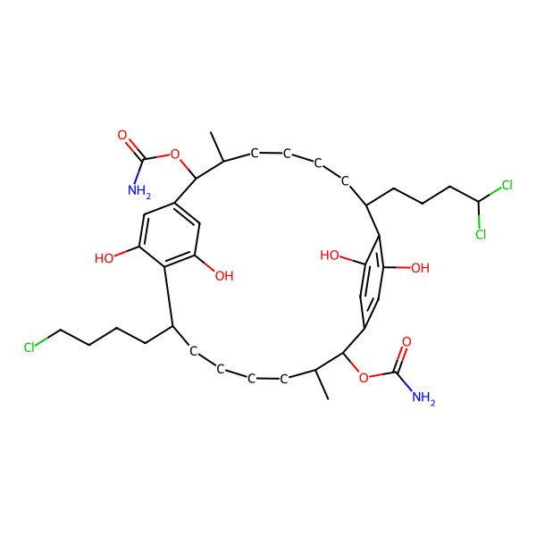 2D Structure of [(2R,3S,8S,13R,14S,19S)-13-carbamoyloxy-8-(4-chlorobutyl)-19-(4,4-dichlorobutyl)-10,21,24,26-tetrahydroxy-3,14-dimethyl-2-tricyclo[18.2.2.29,12]hexacosa-1(22),9,11,20,23,25-hexaenyl] carbamate