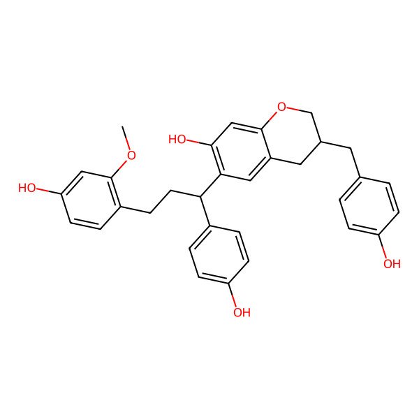 2D Structure of (3R)-6-[(1R)-3-(4-hydroxy-2-methoxyphenyl)-1-(4-hydroxyphenyl)propyl]-3-[(4-hydroxyphenyl)methyl]-3,4-dihydro-2H-chromen-7-ol