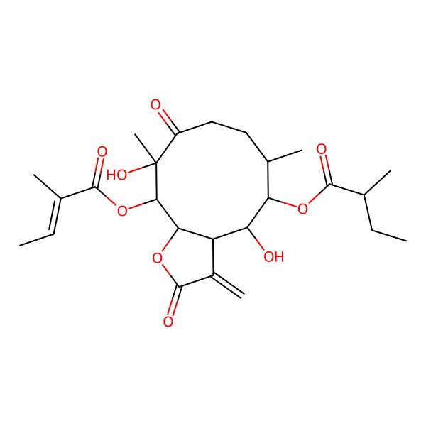 2D Structure of [(3aS,4R,5R,6R,10R,11R,11aS)-4,10-dihydroxy-6,10-dimethyl-11-[(Z)-2-methylbut-2-enoyl]oxy-3-methylidene-2,9-dioxo-3a,4,5,6,7,8,11,11a-octahydrocyclodeca[b]furan-5-yl] (2R)-2-methylbutanoate