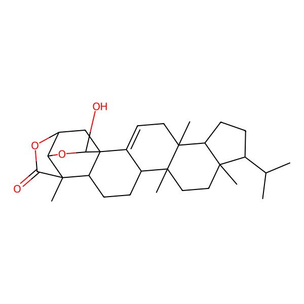 2D Structure of 24-Hydroxy-5,10,13,18-tetramethyl-9-propan-2-yl-20,23-dioxaheptacyclo[19.3.1.01,17.02,14.05,13.06,10.018,22]pentacos-2-en-19-one