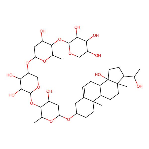 2D Structure of (2S,3R,4S,5R)-2-[(2R,3S,4S,6S)-6-[(3R,4R,5R,6S)-4,5-dihydroxy-6-[(2R,3S,4S,6R)-4-hydroxy-6-[[(3S,8R,9S,10R,13R,14S,17S)-14-hydroxy-17-[(1S)-1-hydroxyethyl]-10,13-dimethyl-1,2,3,4,7,8,9,11,12,15,16,17-dodecahydrocyclopenta[a]phenanthren-3-yl]oxy]-2-methyloxan-3-yl]oxyoxan-3-yl]oxy-4-hydroxy-2-methyloxan-3-yl]oxyoxane-3,4,5-triol