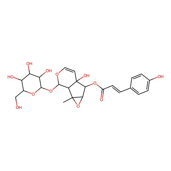 2D Structure of [(1S,2R,4S,5S,6S,10S)-6-hydroxy-2-methyl-10-[(2S,3R,4S,5S,6R)-3,4,5-trihydroxy-6-(hydroxymethyl)oxan-2-yl]oxy-3,9-dioxatricyclo[4.4.0.02,4]dec-7-en-5-yl] (E)-3-(4-hydroxyphenyl)prop-2-enoate