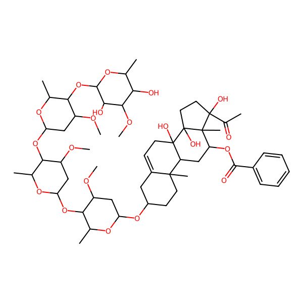 2D Structure of [(3S,8S,9R,10R,12R,13S,14R,17S)-17-acetyl-3-[(2R,4S,5R,6R)-5-[(2S,4S,5R,6R)-5-[(2S,4R,5R,6R)-5-[(2S,3R,4S,5R,6R)-3,5-dihydroxy-4-methoxy-6-methyloxan-2-yl]oxy-4-methoxy-6-methyloxan-2-yl]oxy-4-methoxy-6-methyloxan-2-yl]oxy-4-methoxy-6-methyloxan-2-yl]oxy-8,14,17-trihydroxy-10,13-dimethyl-1,2,3,4,7,9,11,12,15,16-decahydrocyclopenta[a]phenanthren-12-yl] benzoate