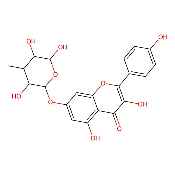 2D Structure of 3,5-dihydroxy-2-(4-hydroxyphenyl)-7-[(2R,3R,4R,5R,6R)-3,5,6-trihydroxy-4-methyloxan-2-yl]oxychromen-4-one