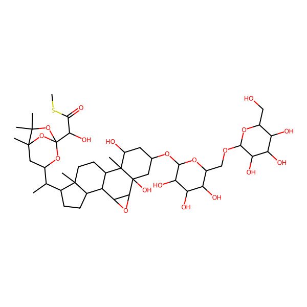 2D Structure of S-methyl 2-[3-[1-[5,9-dihydroxy-10,14-dimethyl-7-[3,4,5-trihydroxy-6-[[3,4,5-trihydroxy-6-(hydroxymethyl)oxan-2-yl]oxymethyl]oxan-2-yl]oxy-3-oxapentacyclo[9.7.0.02,4.05,10.014,18]octadecan-15-yl]ethyl]-5,6,6-trimethyl-2,7,8-trioxabicyclo[3.2.1]octan-1-yl]-2-hydroxyethanethioate