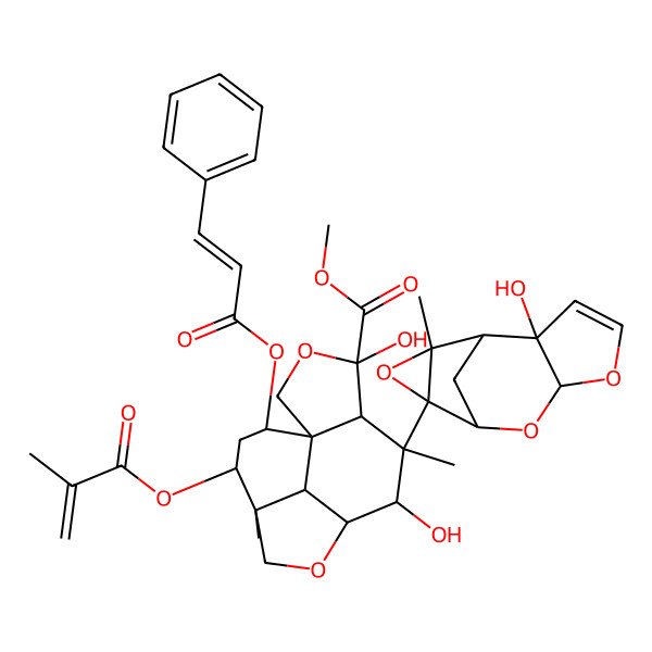 2D Structure of methyl (1S,4S,5R,6S,7S,8R,11R,12R,14S,15S)-4,7-dihydroxy-6-[(1S,2R,6S,8R,9R,11S)-2-hydroxy-11-methyl-5,7,10-trioxatetracyclo[6.3.1.02,6.09,11]dodec-3-en-9-yl]-6,11-dimethyl-12-(2-methylprop-2-enoyloxy)-14-[(E)-3-phenylprop-2-enoyl]oxy-3,9-dioxatetracyclo[6.6.1.01,5.011,15]pentadecane-4-carboxylate
