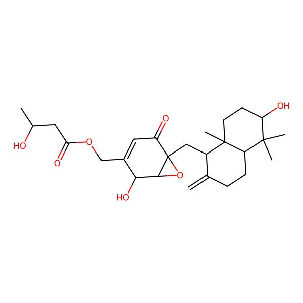 2D Structure of [2-hydroxy-6-[(6-hydroxy-5,5,8a-trimethyl-2-methylidene-3,4,4a,6,7,8-hexahydro-1H-naphthalen-1-yl)methyl]-5-oxo-7-oxabicyclo[4.1.0]hept-3-en-3-yl]methyl 3-hydroxybutanoate