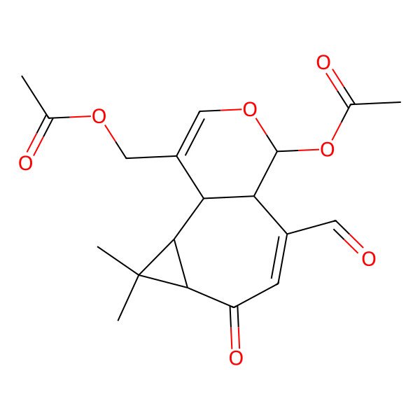 2D Structure of (9-Acetyloxy-7-formyl-3,3-dimethyl-5-oxo-10-oxatricyclo[6.4.0.02,4]dodeca-6,11-dien-12-yl)methyl acetate