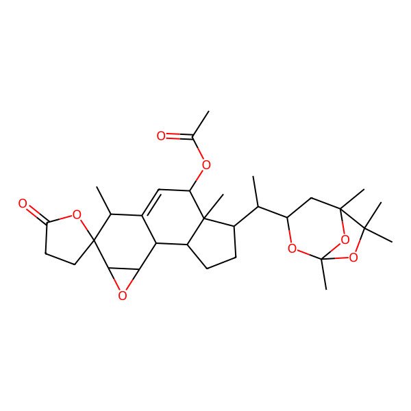 2D Structure of [6,10-Dimethyl-5'-oxo-5-[1-(1,5,6,6-tetramethyl-2,7,8-trioxabicyclo[3.2.1]octan-3-yl)ethyl]spiro[13-oxatetracyclo[7.5.0.02,6.012,14]tetradec-8-ene-11,2'-oxolane]-7-yl] acetate