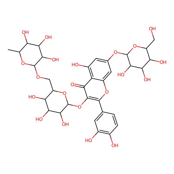 2D Structure of 2-(3,4-dihydroxyphenyl)-5-hydroxy-7-[(2S,3R,4S,5S,6R)-3,4,5-trihydroxy-6-(hydroxymethyl)oxan-2-yl]oxy-3-[(2S,3R,4S,5R,6R)-3,4,5-trihydroxy-6-[[(2S,3R,4R,5R,6S)-3,4,5-trihydroxy-6-methyloxan-2-yl]oxymethyl]oxan-2-yl]oxychromen-4-one